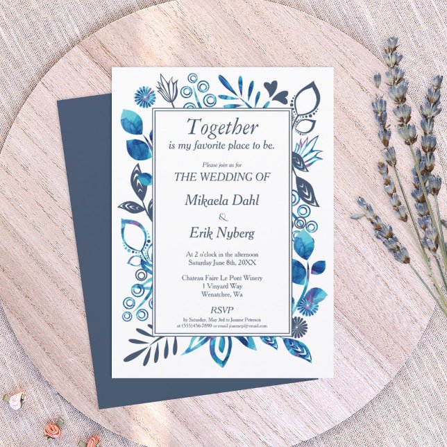 Invitation Motif floral bleu vibrant et gris-bleu (blue-gray slate blue wedding invitation template)