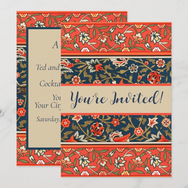 Invitation Motif floral indo-persan bohème vintage rouge (Devant / Derrière)