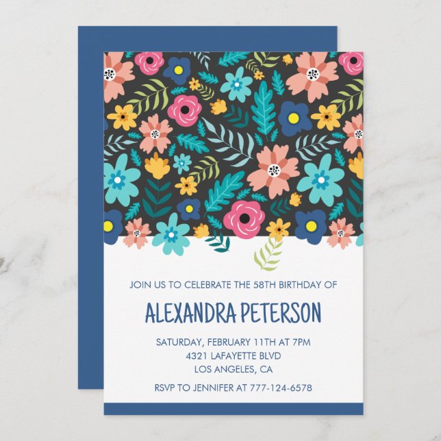 Invitation Motif floral Marine bleu 58e anniversaire (Devant / Derrière)