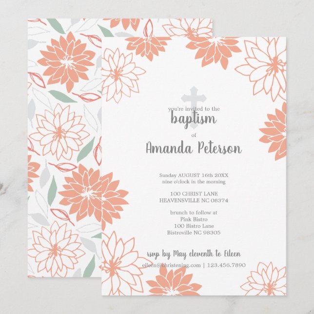 Invitation Motif Floral Peach Motif Croix Fille Baptême (Devant / Derrière)