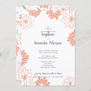 Invitation Motif Floral Peach Motif Croix Fille Baptême