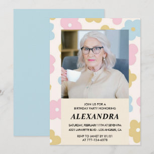 Invitation Motif floral photo rétro 91e anniversaire
