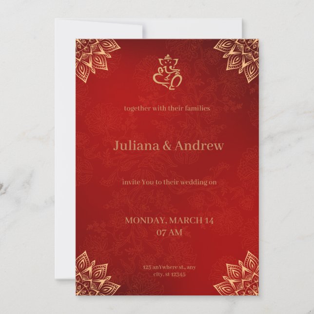 Invitation Motif floral traditionnel classique or et rouge (Devant)