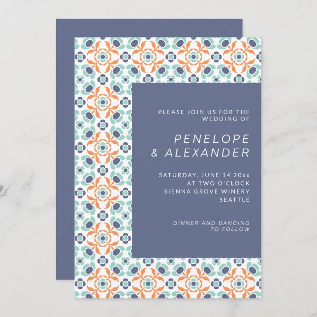 Invitation Motif géométrique orné élégant en Mariage bleu (Devant / Derrière)
