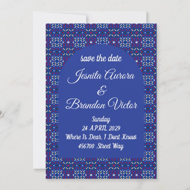 Invitation Motif géométrique pixel traditionnel en bleu foncé (Dos)
