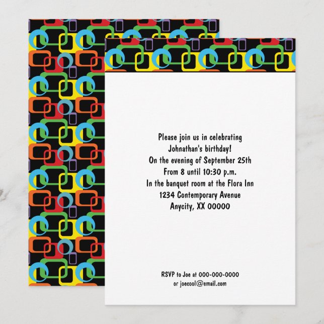 Invitation Motif géométrique rétro multicolore Anniversaire (Devant / Derrière)