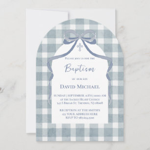 Invitation motif gingham baptême noeud bleu