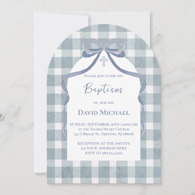 Invitation motif gingham baptême noeud bleu (Devant)