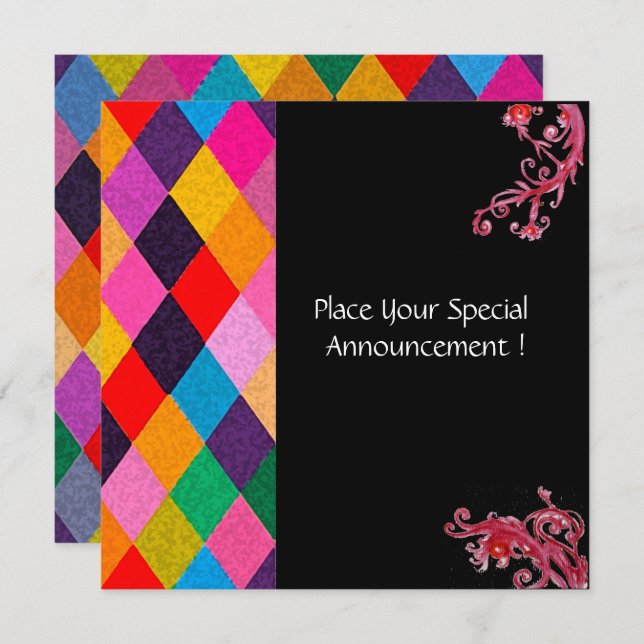 Invitation MOTIF HARLEQUIN MARDI GRAS Losanges colorés  (Devant / Derrière)