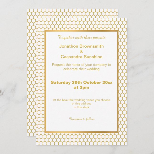 INVITATION MOTIF HEXAGON BLANC D'OR SIMPLE ET ÉLÉGANT (Devant / Derrière)