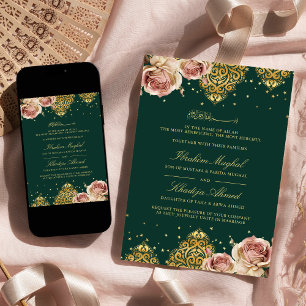 Invitation Motif islamique Rose rose Émeraude Mariage musulma