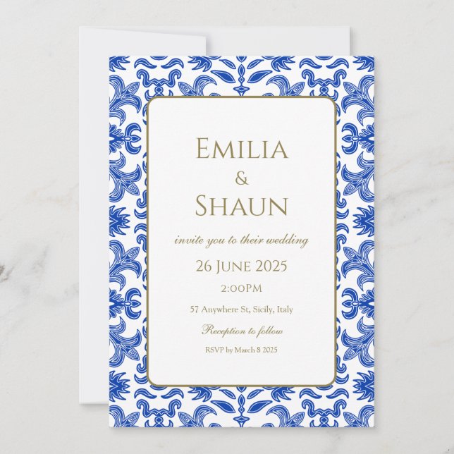 Invitation Motif italien méditerranéen Bleu et Blanc (Devant)