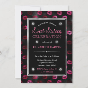 Invitation Motif lèvres pailleté rose et noir Sweet Sixteen