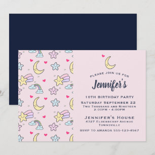 Invitation Motif Lune, Étoiles et Nuages sur Anniversaire Ros