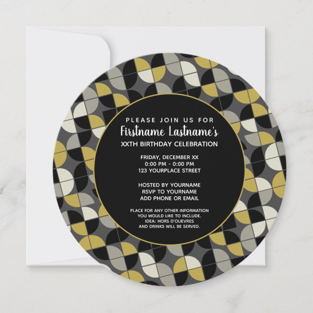 Invitation Motif MCM - Fête d'anniversaire noir et or funky (Devant)