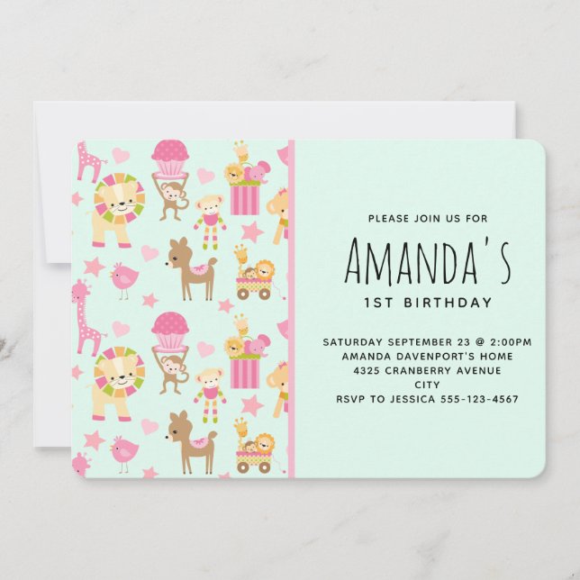 Invitation Motif mignon avec Animaux et Jouets heureux (Devant)