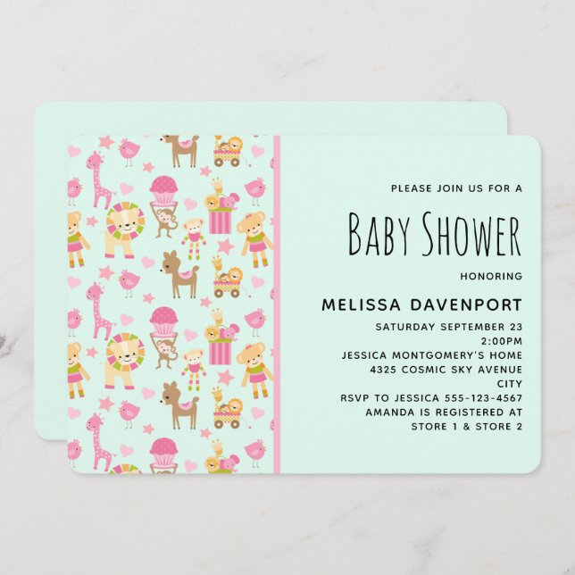Invitation Motif mignon avec Happy Animals & Baby shower joue (Devant / Derrière)
