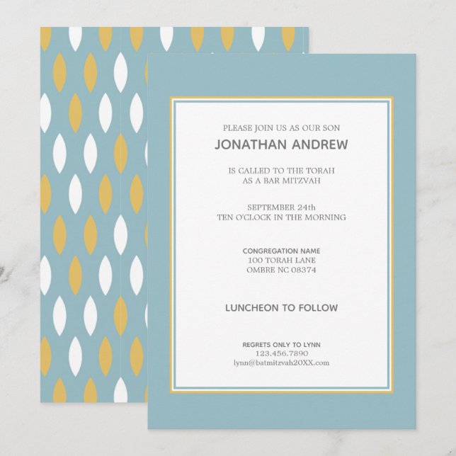 Invitation Motif moderne Blue White & Gold Bar Mitzvah (Devant / Derrière)