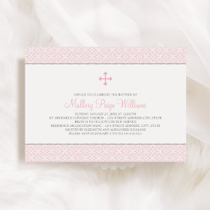 Invitation Motif moderne Croix rose Baby Girl Baptism