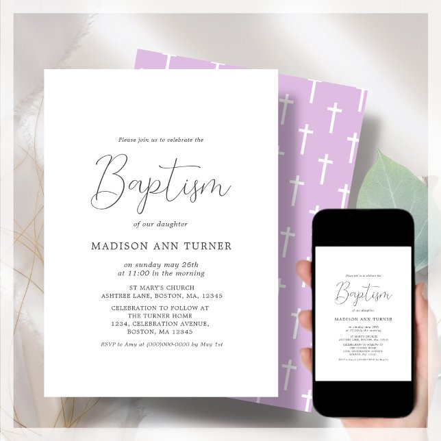 Invitation Motif moderne violet | Baptême (Créateur téléchargé)
