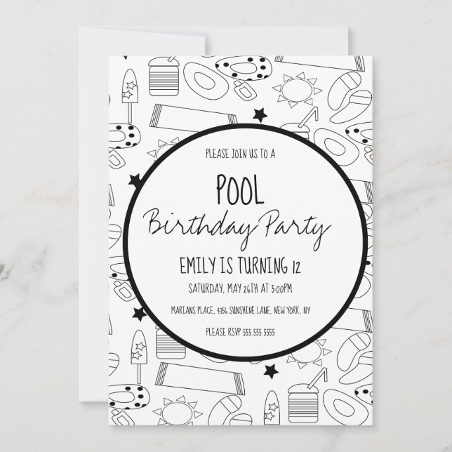 Invitation Motif noir blanc de fête au bord de la piscine (Devant)