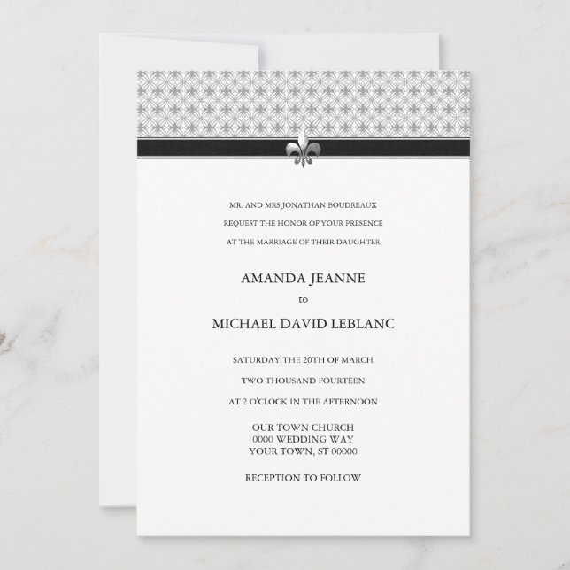 Invitation Motif noir blanc gris fleur de Lis Mariage (Devant)