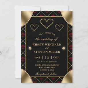 Invitation Motif noir et rouge rose et Mariage de diamants or
