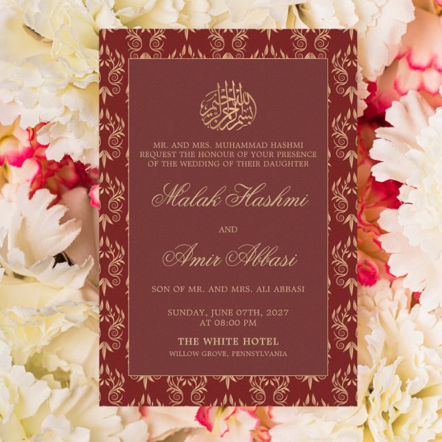 Invitation Motif Orné d'or Rouge musulman Mariage musulman mu (Créateur téléchargé)