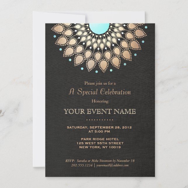 Invitation Motif Orné Élégant Doré Aspect Lin Noir Formel (Devant)