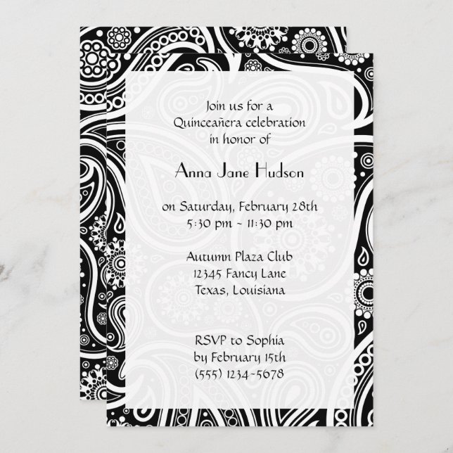 Invitation Motif Paisley, Persian Paisley, Quinceanera (Devant / Derrière)