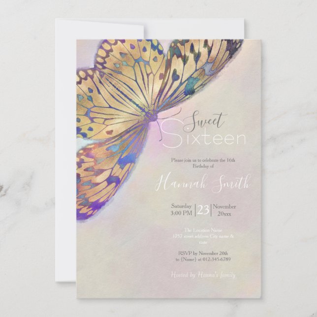 Invitation Motif Papillon Bleu Violet Or (Devant)