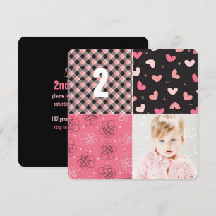 Invitation Motif patchwork rose Carrés Fille Photo Anniversai