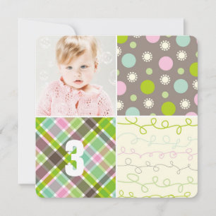 Invitation Motif patchwork rose Carrés Fille Photo Anniversai