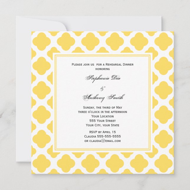 Invitation Motif Quatrefeuilles Jaune Citron et Blanc Monogra (Devant)