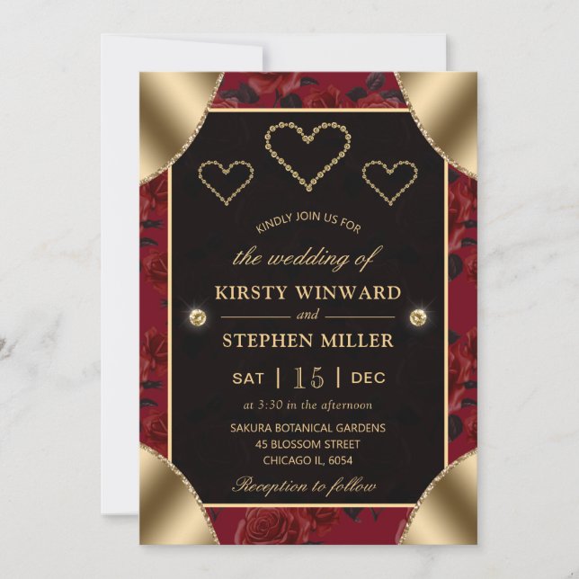 Invitation Motif Red Rose et Mariage Gold Diamonds (Devant)