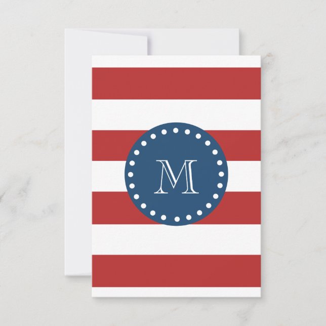 Invitation Motif Red White Stripes, monogramme bleu de la mar (Devant)
