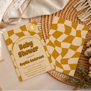 Invitation Motif Rétro Ondulé Baby Shower Bohème Tournesol