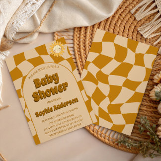 Invitation Motif Rétro Ondulé Baby Shower Bohème Tournesol