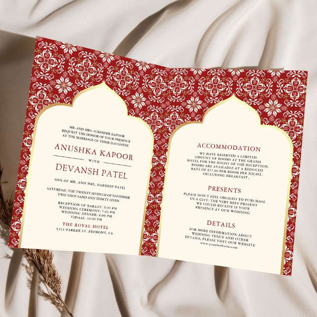 Invitation Motif rouge ivoire en un seul Mariage indien (Créateur téléchargé)
