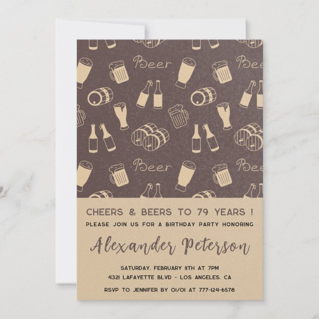 Invitation Motif rustique adulte bière Hommes 79e anniversair (Devant)