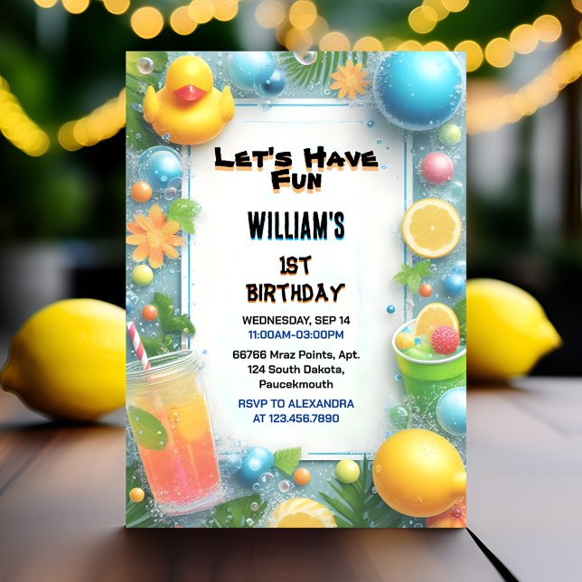 Invitation Motif Splash Bubbles Summer Duck Foam 1er annivers (Créateur téléchargé)