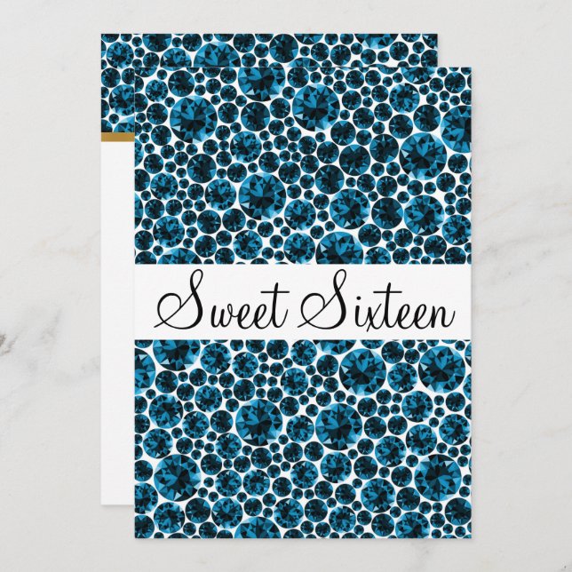 INVITATION MOTIF SWEET SIXTEEN BLANC BLEU DIAMONT (Devant / Derrière)