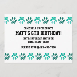 Invitation Motif turquoise d'empreinte de patte dans Teal -