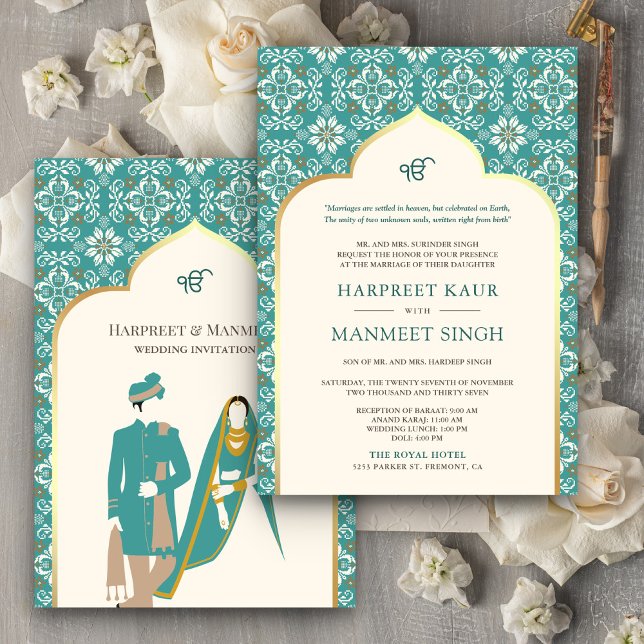 Invitation Motif Turquoise ivoirien Anand Karaj Sikh Mariage (Créateur téléchargé)