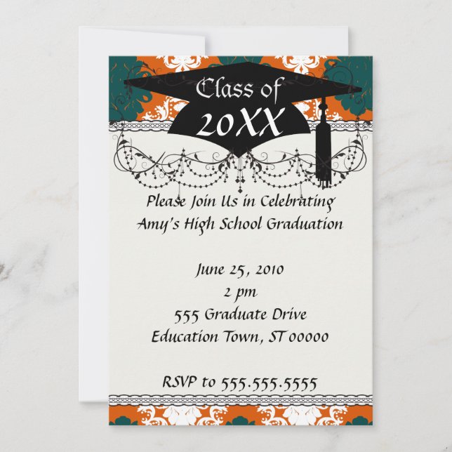 Invitation motif turquoise orange blanc damassé (Devant)