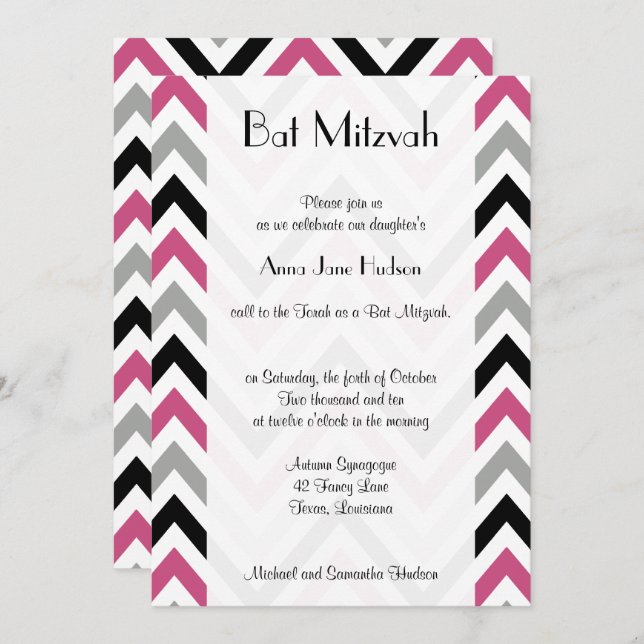 Invitation Motif Zigzag, Motif Chevron, Rose, Bat mitzvah (Devant / Derrière)