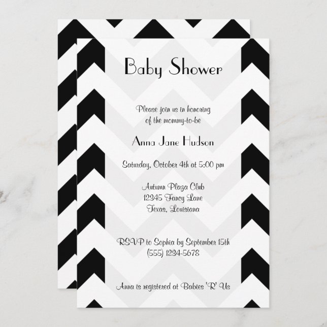 Invitation Motif Zigzag noir et blanc, Baby shower (Devant / Derrière)
