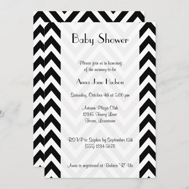 Invitation Motif Zigzag noir et blanc, Baby shower (Devant / Derrière)