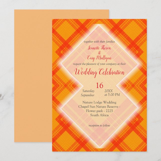 Invitation Motifs de chèques en rouge et orange (Devant / Derrière)