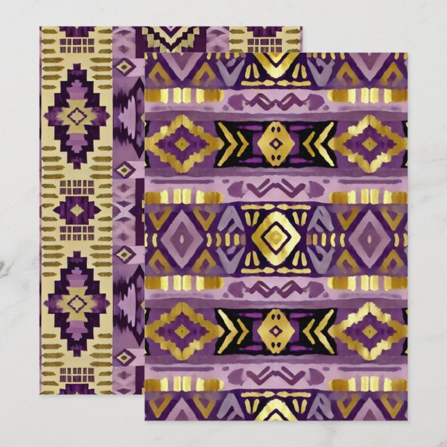 Invitation Motifs Geo Aztec Boho en violet et or (Devant / Derrière)